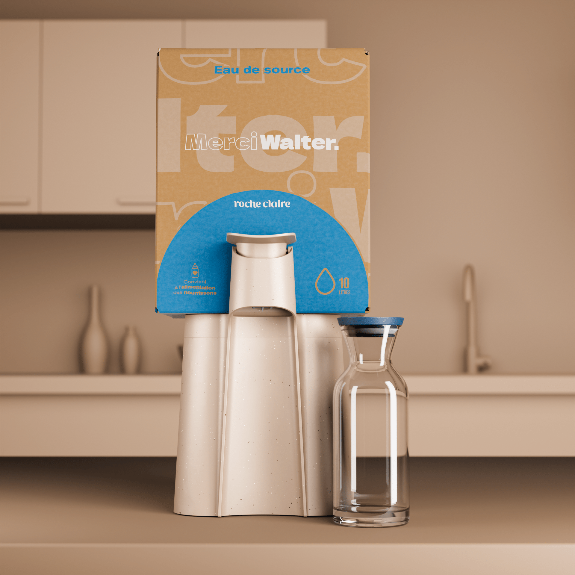 Pack Fontaine + Carafe + Cube d'eau de source 10 litres | MerciWalter